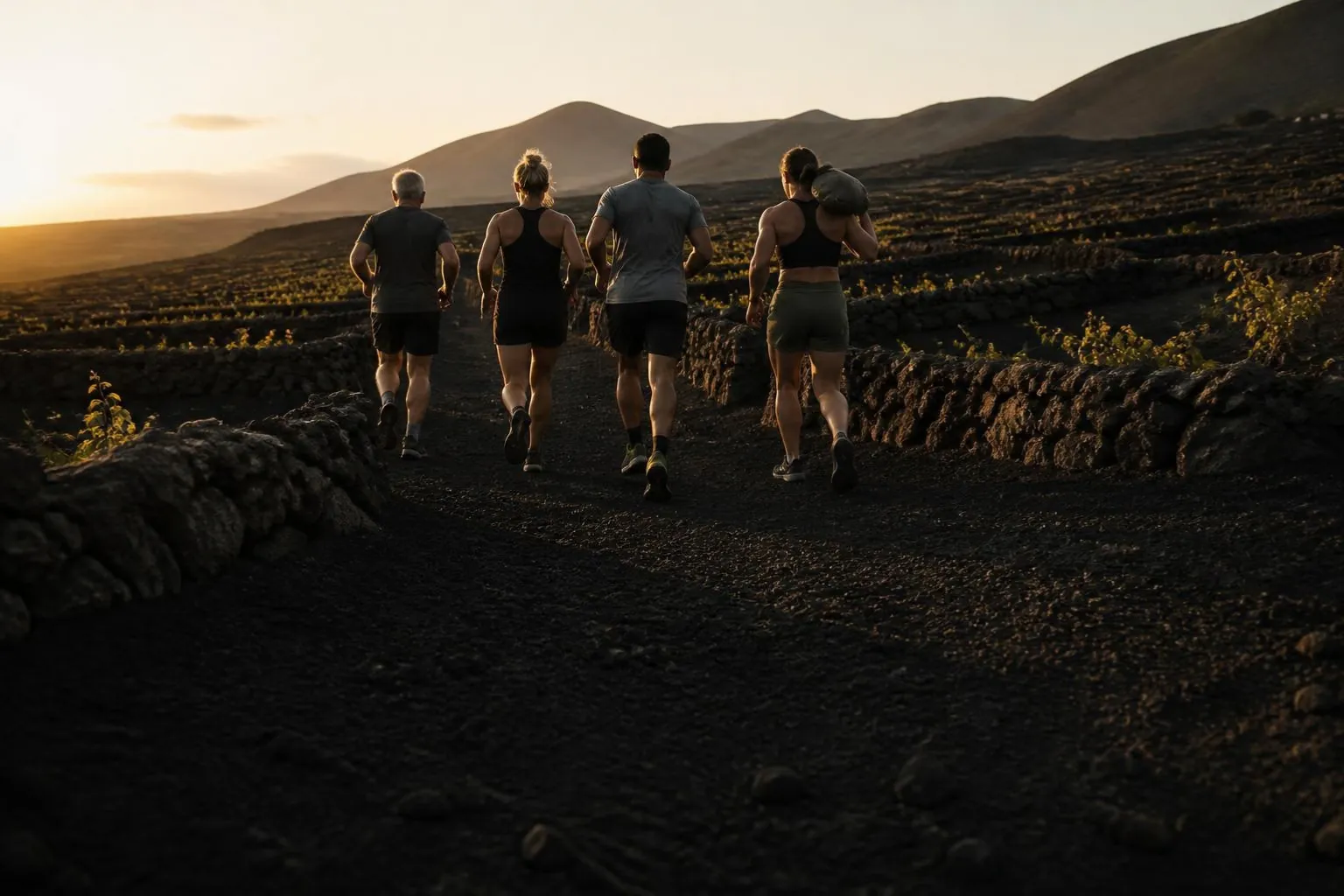 Cuatro atletas corren juntos al atardecer entre los muros de piedra volcánica de La Geria, en Lanzarote.